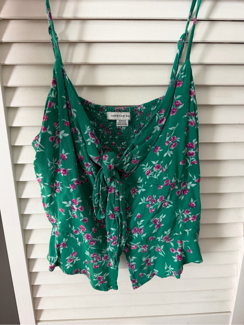 American Rag Green Floral Tie-Front Cami with Pink Blooms